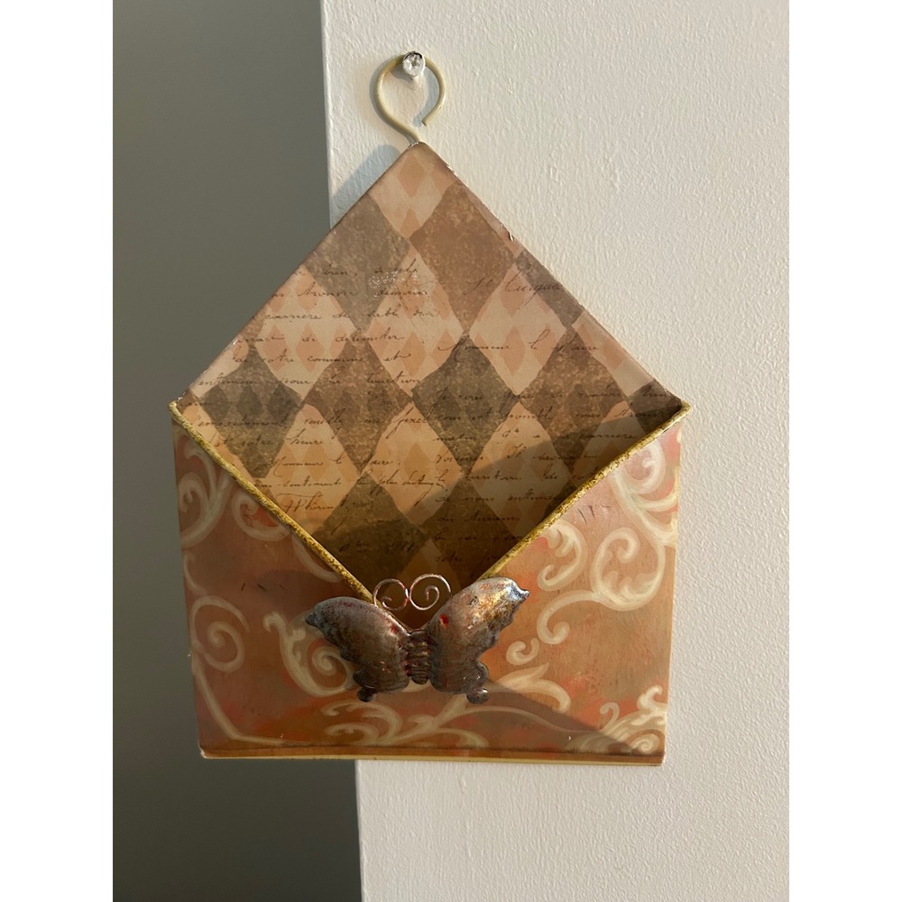 Home Accent Metal Envelope Wall Pocket Mail Organizer Butterfly Shabby Chic